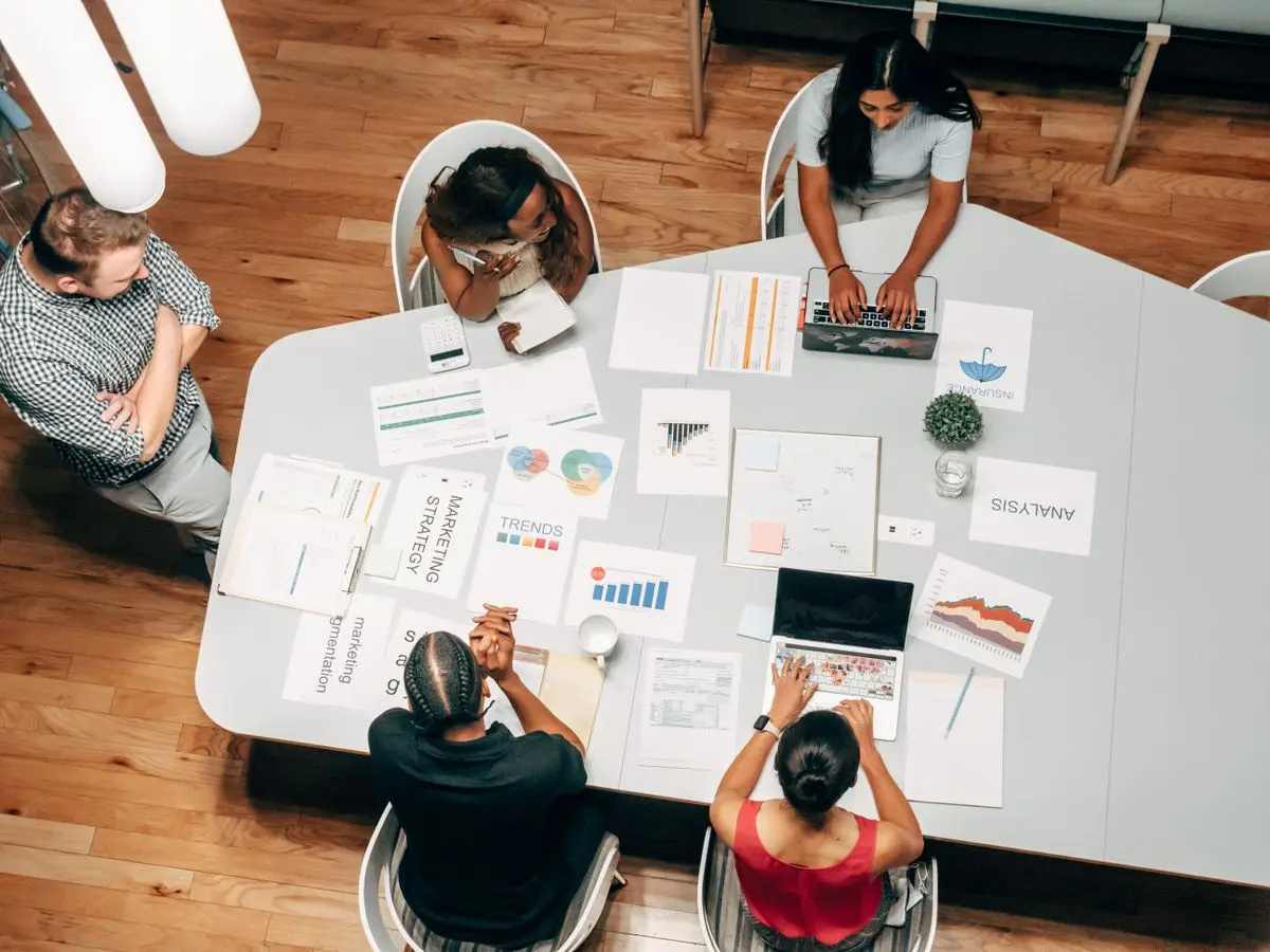 A strategy team reviewing search and marketing data together
